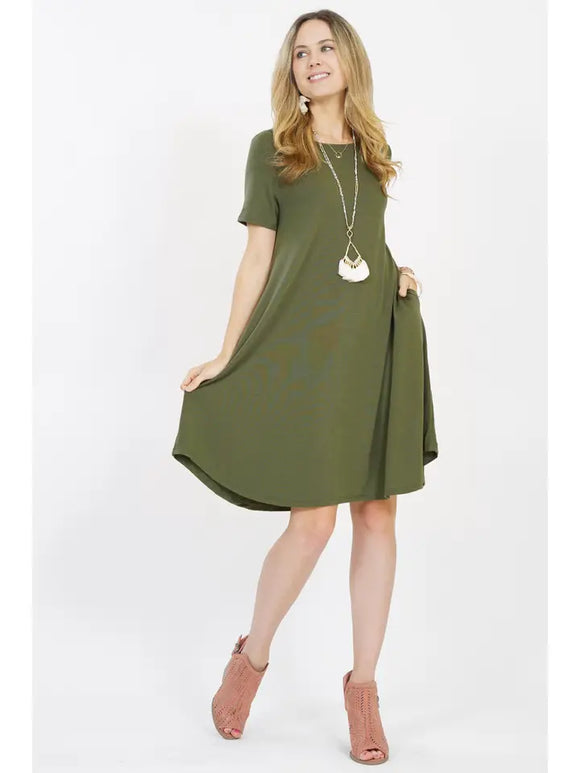 Short Sleeve Round Hem A Line Dress with Side Pocke