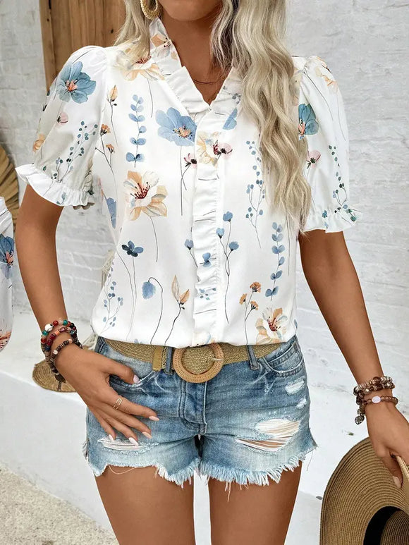 Ruffled V-Neck Floral Printed Puff Sleeve Blouse