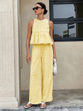 Plaid Patterned Top Straight-Leg Trousers Set