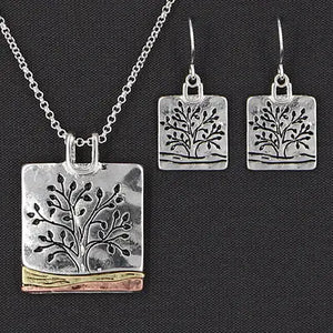 Antique Silver Tree of Life Rectangle Necklace Set