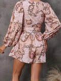 Printed Bubble Sleeves Hollow Out Waist Romper