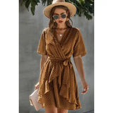 Aline V Neck Wrap High Waist Belt Ruffle Hem Dress