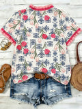 Boho Western Contrast Ruffle Trim V-Neck Floral Print Top