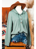 Fall Button Front Textured Drawstring Hooded Long Sleeve Top