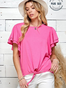 Plus Solid Double Ruffled Sleeve Top W Front Tie