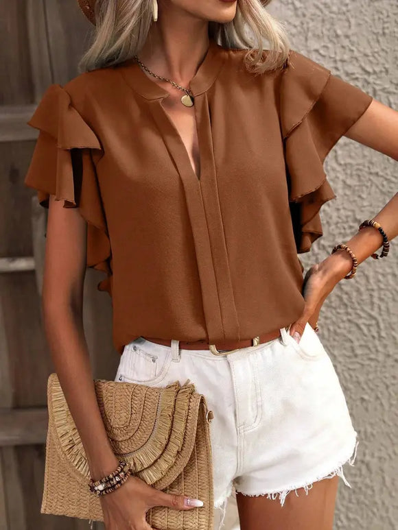 V-Neck Casual Double Layer Lotus Sleeve Blouse