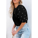 Rhinestone Pearl Puff Half Sleeve Top