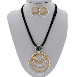 Layered Multi-Ring Abalone Pendant & Earrings Set