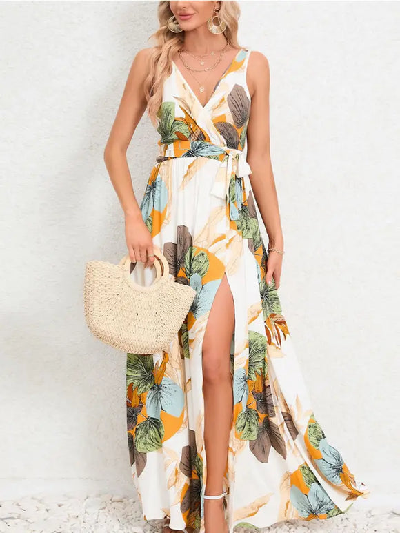 V-Neck Sleeveless Slit Printed Long Camisole Dress