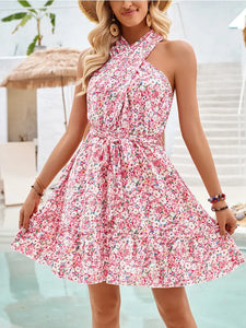 Hanging Neck Knot Printed Tie Up Waist Dress