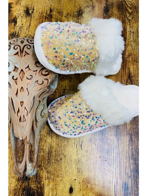 White Sequin Cozy Fluffy Fur Memory House Slides