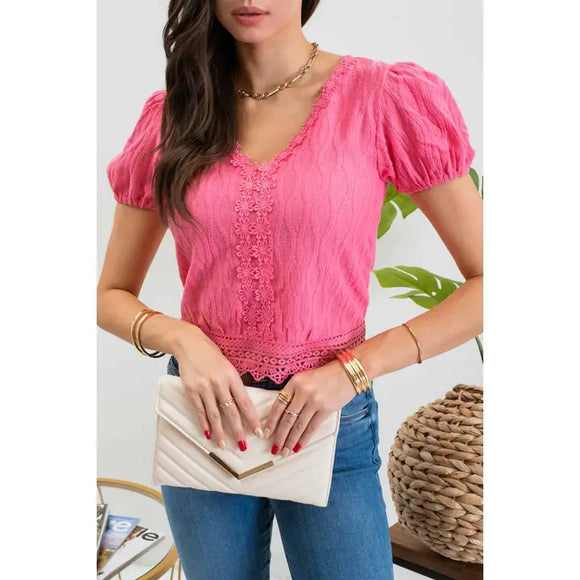 Floral Lace Trim Back Tie V Neck Blouse