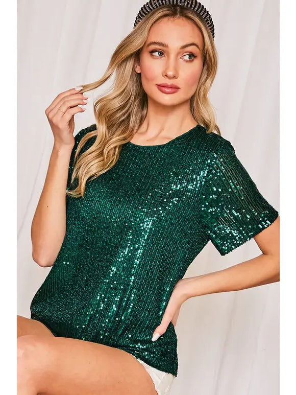 Round Neck Short Sleeves Sequin Top-GREEN