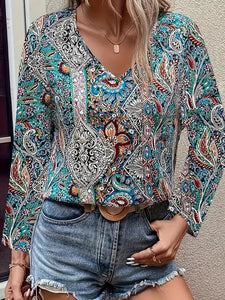 V Neck Long Sleeves Paisley Printed Top