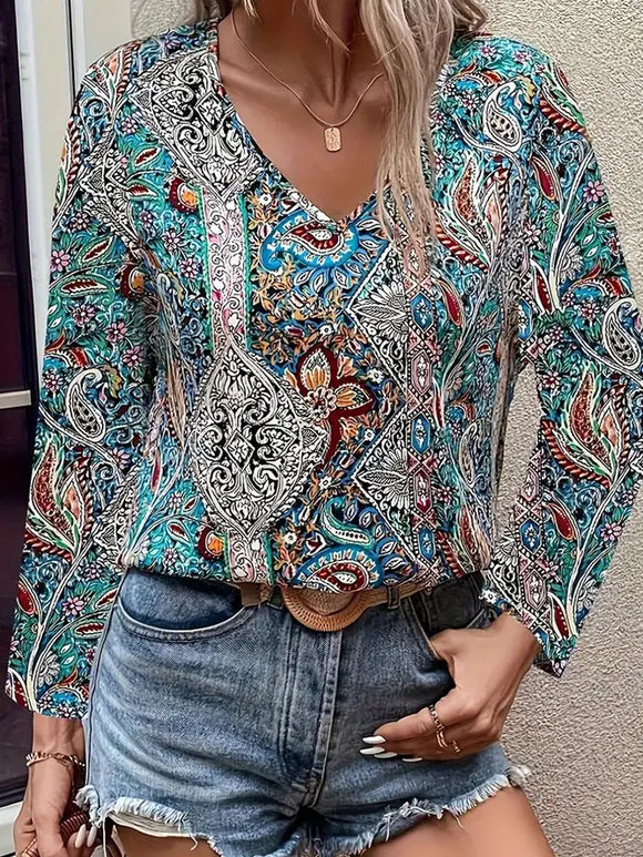 V Neck Long Sleeves Paisley Printed Top