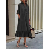 A-Line Long Sleeve Lapel Midi Dress - Solid Color