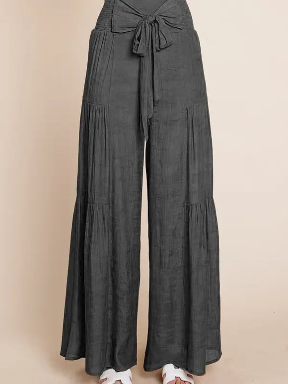 Tie Front Ruched Waist Back Pants