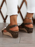 Suede Patched Studded Cut Out Wedge Sandals