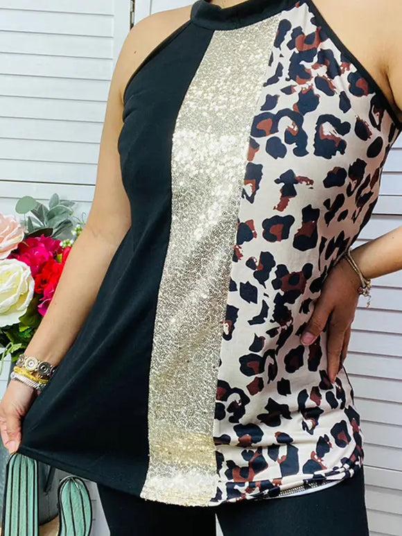 Black & Sequin & Leopard Color Block Women Top