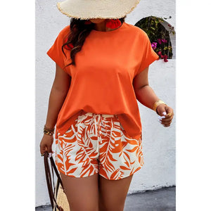 Plus Size Solid Round Neck Shirt Print Shorts Set