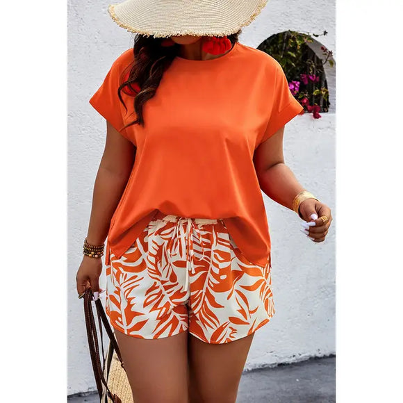 Plus Size Solid Round Neck Shirt Print Shorts Set