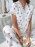 Lace Trim Red Cherry Print Top Lounge Pajama Valentines Set