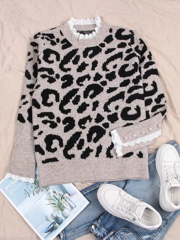 Lace Leopard Print Round Neck Long Sleeved Knit Sweater