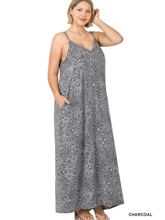 Plus Size Leopard Maxi Dress with Side Pocket