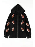 Sequined Rugby Pattern Pocketed Zipper Hooded Jacket