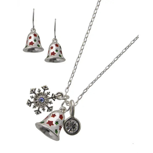 Christmas Bell Crystal Snowflake Charm Necklace Set