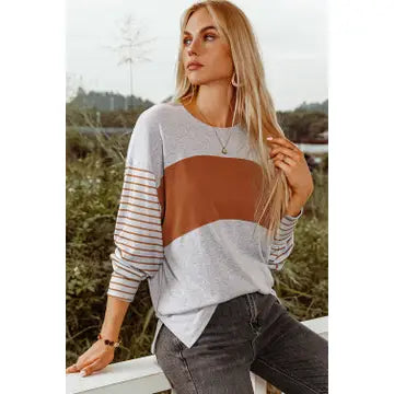Fashion fall Colorblock Striped Bishop Sleeve Top