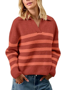 Striped Sweater Top with Collar Stitched Details