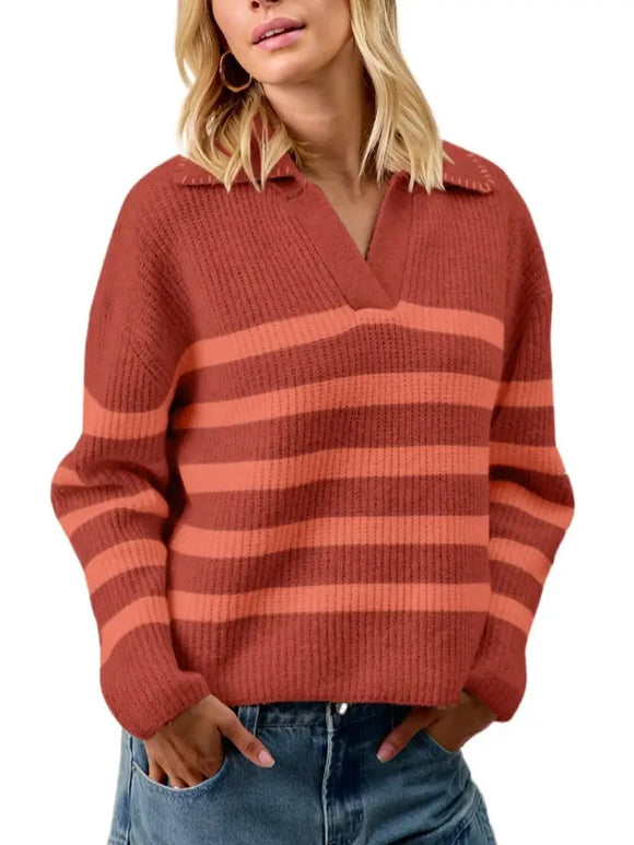 Striped Sweater Top with Collar Stitched Details