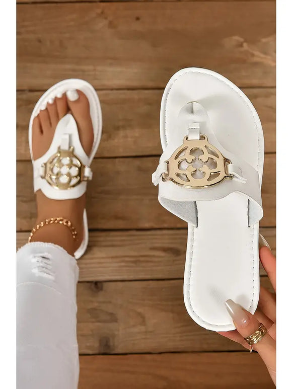 Metal Decor Leather Thong Slippers