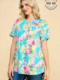 Plus Floral Split Neckline Short Slv Tunic Top