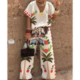 V-Neck Short Sleeve Printed Linen Wide-Leg Pants Set