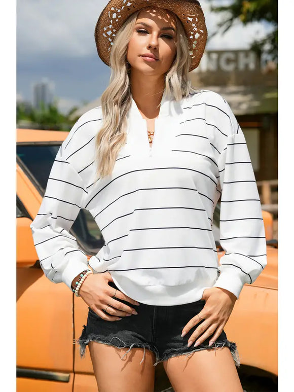 Fashion-W Striped Zipper V-Neck Drop Sleeve Top