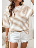Stripe Textured Knit Split Hem Half Sleeve Top