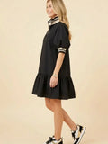 Zip Front Puff Sleeve Ruffle Hem Mini Dress