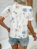 Ruffled V-Neck Floral Printed Puff Sleeve Blouse