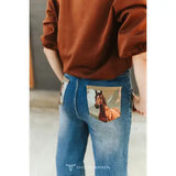 Medium Wash Horse Printed back Pocket boyfriend Jeans