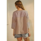 Acid Washed Mixed Fabric Pullover Top