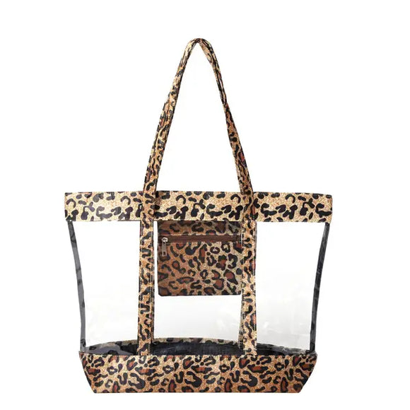 Ladies Cheetah Print Clear See Thru Tote Handbag Beach Bag