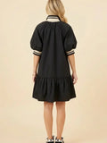 Zip Front Puff Sleeve Ruffle Hem Mini Dress