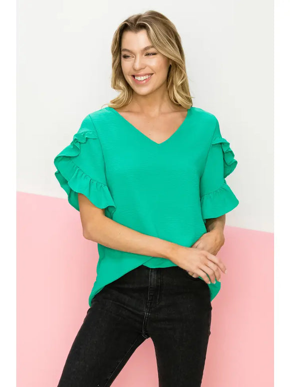 RUFFLED TULIP SLEEVE V-NECK TOP