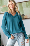 V-Neck Rib Textured Long Sleeve Knit Top