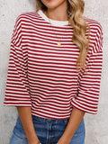 Women Red Striped Top Casual Half Sleeve Tee