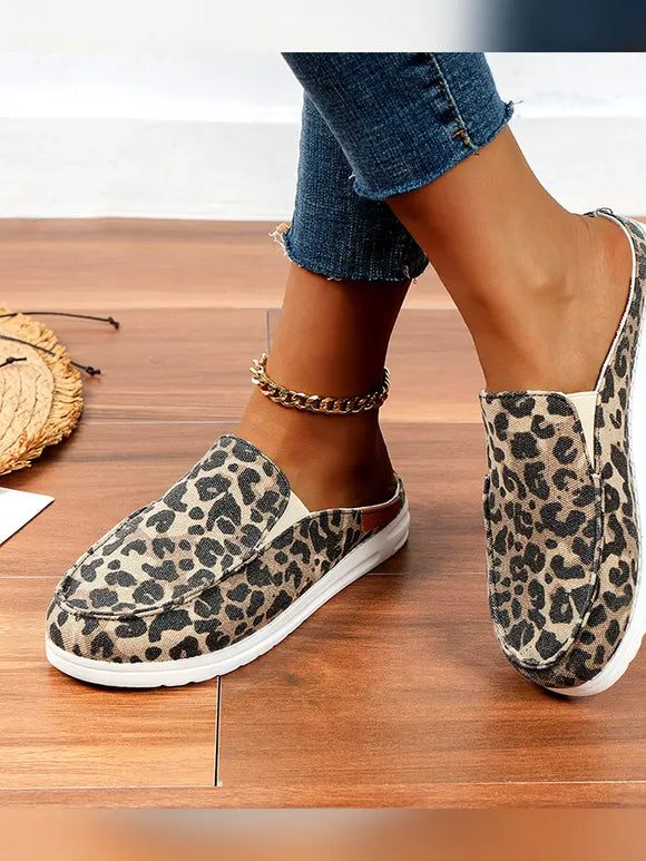 Casual Print Canvas Flat Half Slip On Shoes