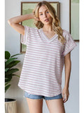 Short Sleeve with Band V Neck Stripe Top
