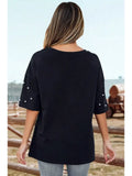 Fashion-W Pearl Beaded Drop Shoulder Crewneck T Shirt